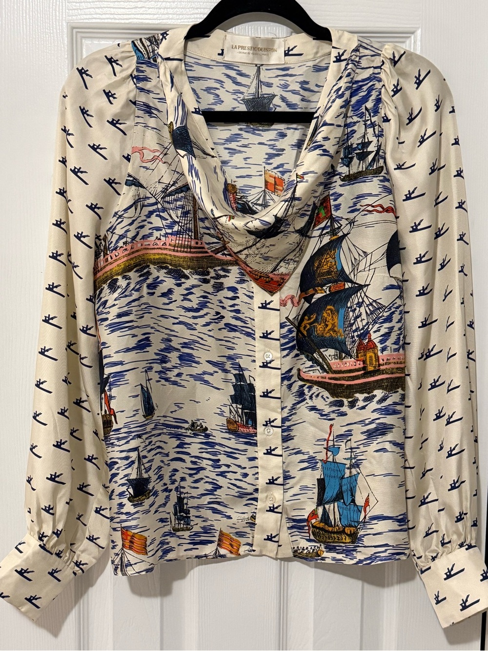 La Prestic Ouiston Cream Nautical-Print Button Front Shirt